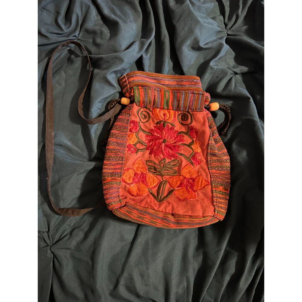 Handmade Boho Woven Embroidered Drawstring Crossbody Bag – Multicolor Floral